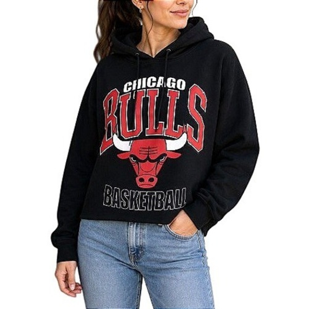 Hybrid Chicago Bulls Black Sports Basketball Cropped Oversize Hoodie Women's L